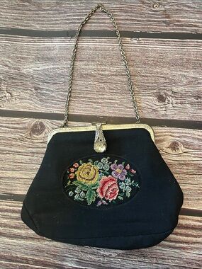 Petite Black Floral Needlepoint Evening Bag with Gorgeous Clasp Closure
